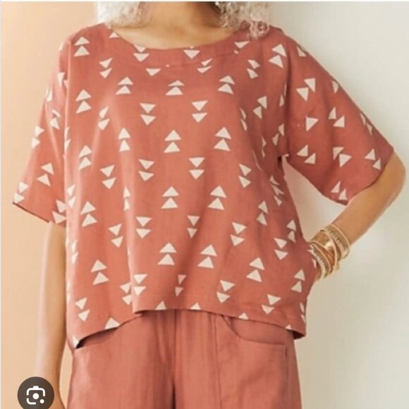 Lisa Bayne Shirt Womens Small Geometric Linen Top Made in USA Pockets - Picture 1 of 6